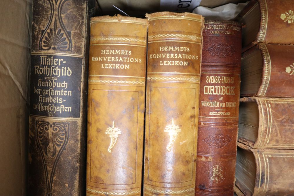 A collection of Scandinavian bindings, including Bonniers Konversations Lexikon, 17 vols, Stockholm (some duplicates),